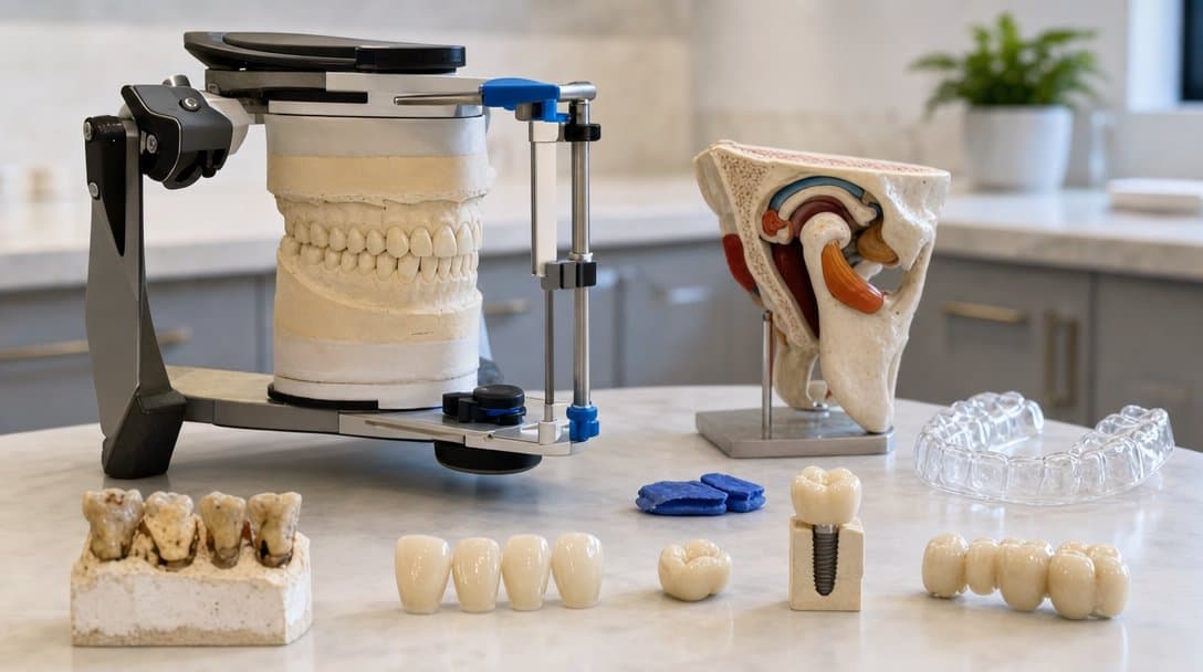 Artikülatör, temporomandibular eklem modeli, splint, kron ve implant üstü restorasyon örnekleri